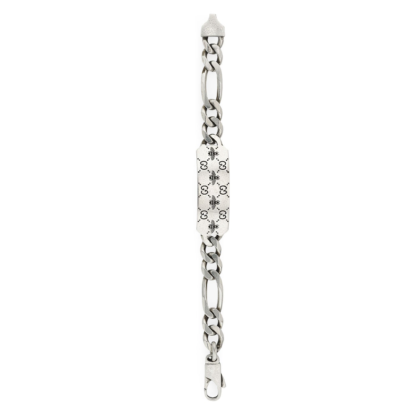 The Gucci GG and Bee Engraved Sterling Silver Bracelet by GUCCI Fine Jewellery features a mix of chunky and smaller chain links. The central piece highlights a patterned design with floral and geometric elements, complemented by the iconic GG motif. Both ends have secure clasps, embodying elegance in every detail.