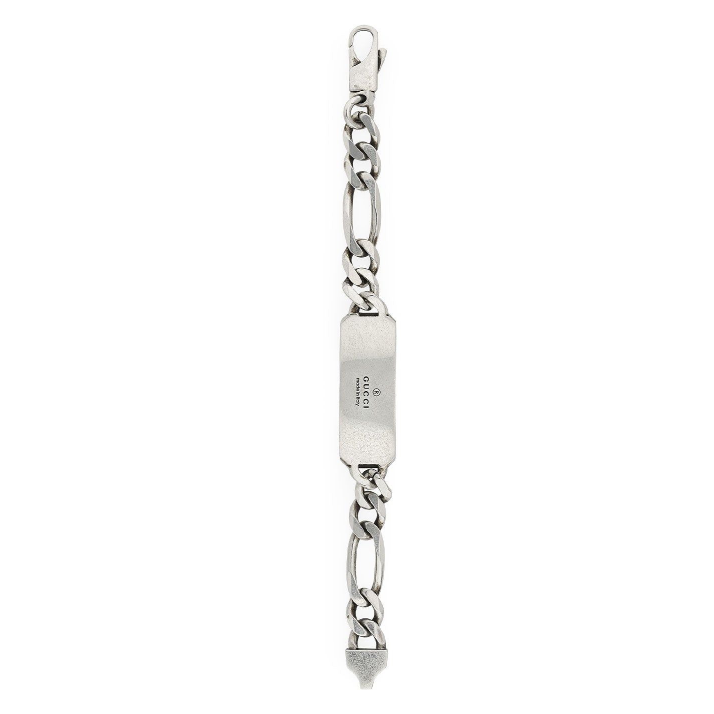 Presenting the Gucci GG and Bee Engraved Sterling Silver Bracelet, a sleek creation from GUCCI Fine Jewellery. This modern piece features a rectangular plate at its center, expertly engraved with the iconic GG and bee designs, flanked by thicker chain links. The secure fastening is ensured by a lobster clasp, effortlessly combining contemporary style with classic elegance.