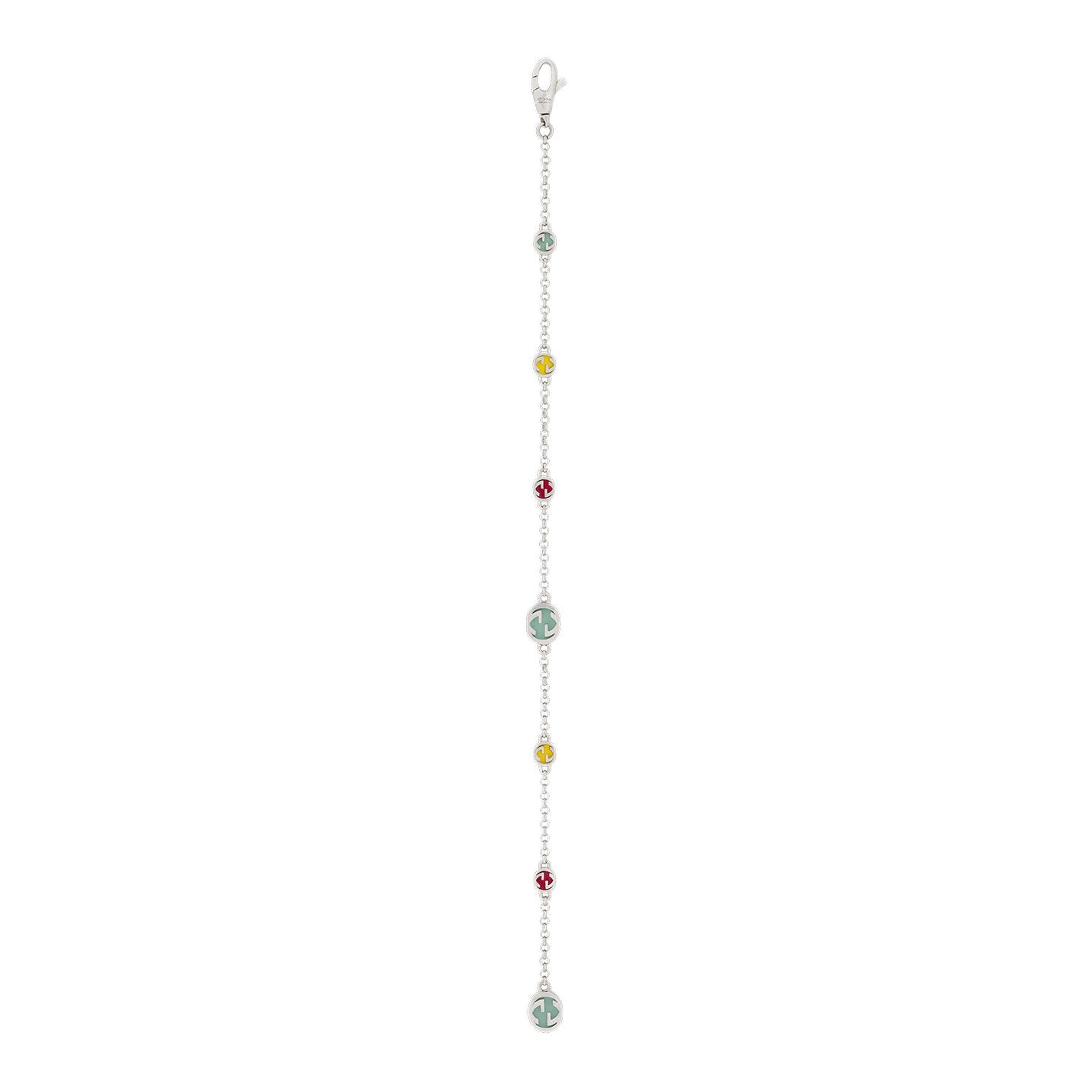 Introducing the Gucci Interlocking G Sterling Silver Bracelet from GUCCI Fine Jewellery, featuring alternating round beads in aqua, yellow, and red with a vibrant multicolour enamel design and a lobster clasp closure.