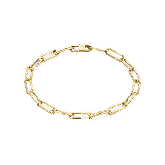 The Gucci Link to Love 18K Yellow Gold Chain Bracelet from GUCCI Fine Jewellery is elegantly displayed on a plain white background. This luxurious piece features elongated rectangular links crafted with care and secured by a clasp, and it carries the accreditation of the Responsible Jewelry Council.