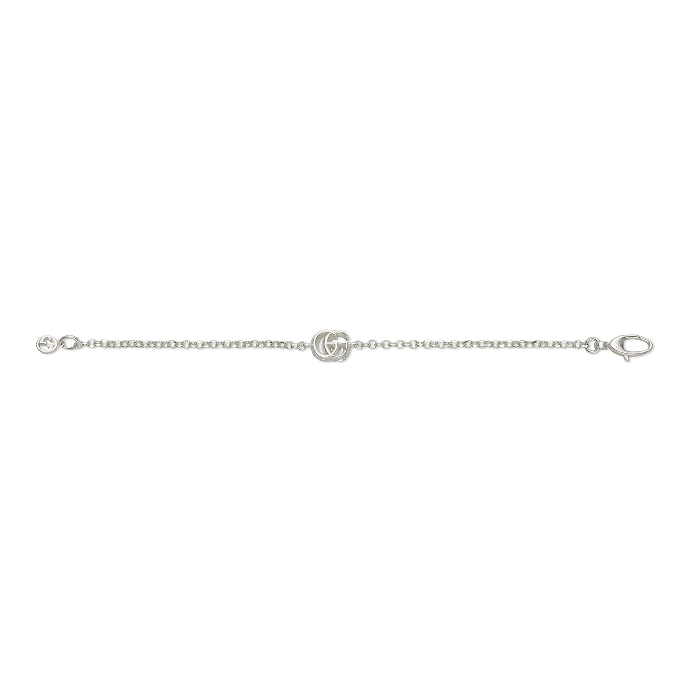 The Gucci GG Marmont Charm Sterling Silver Bracelet by GUCCI Fine Jewellery showcases a delicate 925 sterling silver chain with a lobster clasp and a distinctive knot design at its center.