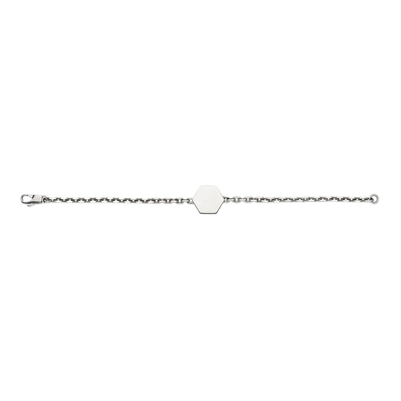 The Gucci Trademark Sterling Silver Bracelet by GUCCI Fine Jewellery features a hexagonal central plate and a clasp closure.