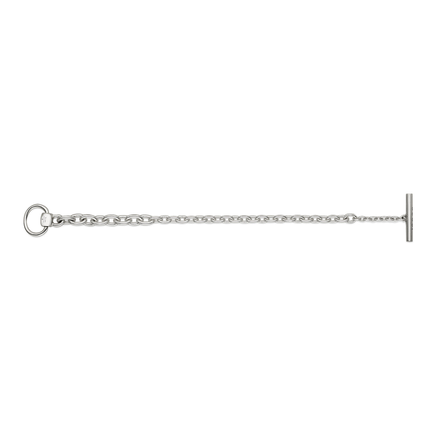 The Gucci Horsebit Chain Sterling Silver Bracelet from GUCCI Fine Jewellery, featuring a small circular ring and a T-bar toggle closure, is elegantly displayed on a plain white background, exuding an equestrian-inspired charm.