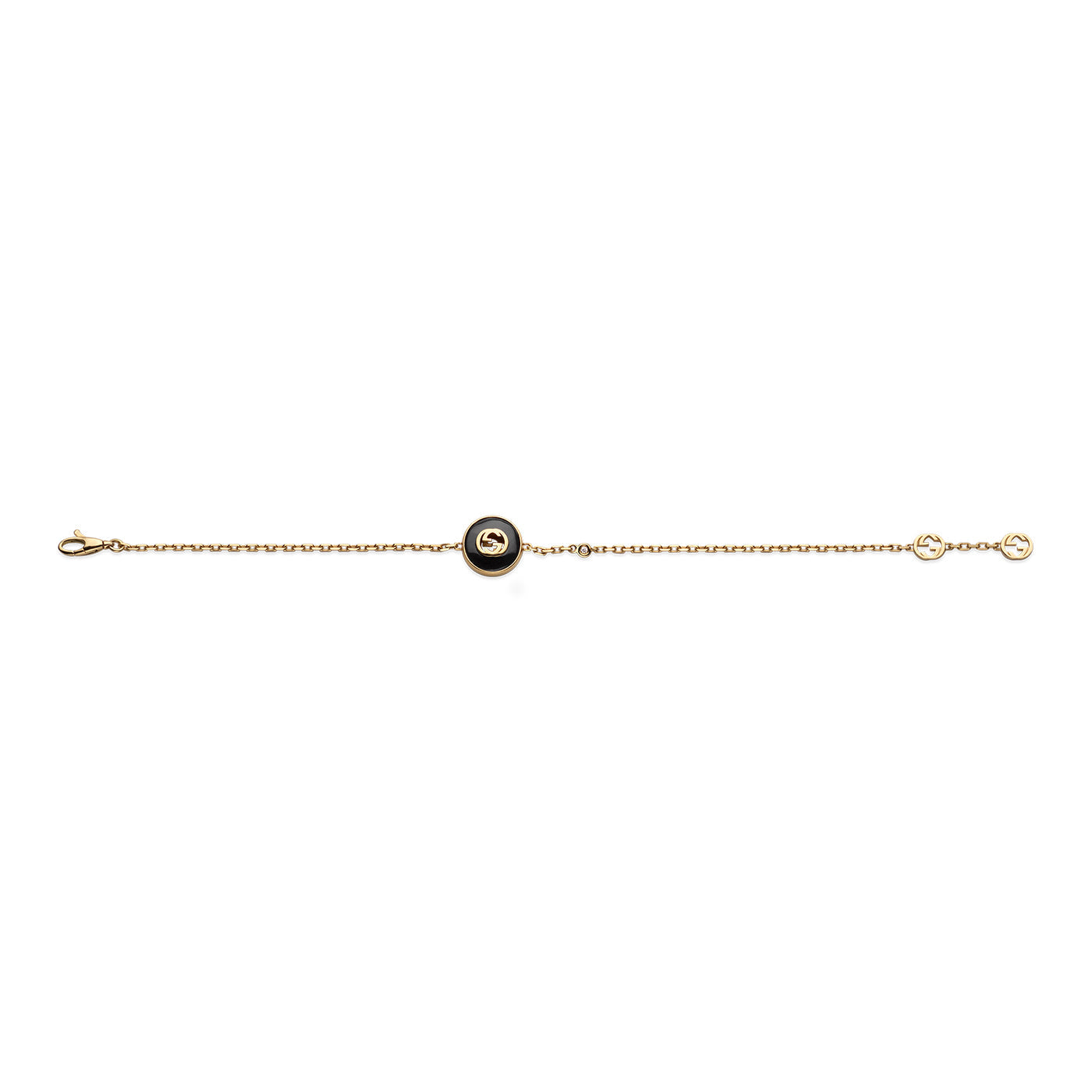 Introducing the Gucci Interlocking G 18K Yellow Gold Chain Bracelet With Onyx by GUCCI Fine Jewellery. This elegant bracelet features a delicate gold chain adorned with a central circular emblem showcasing an intricate snake design intertwined with the iconic Interlocking G motif, and it is secured with a reliable lobster clasp closure.