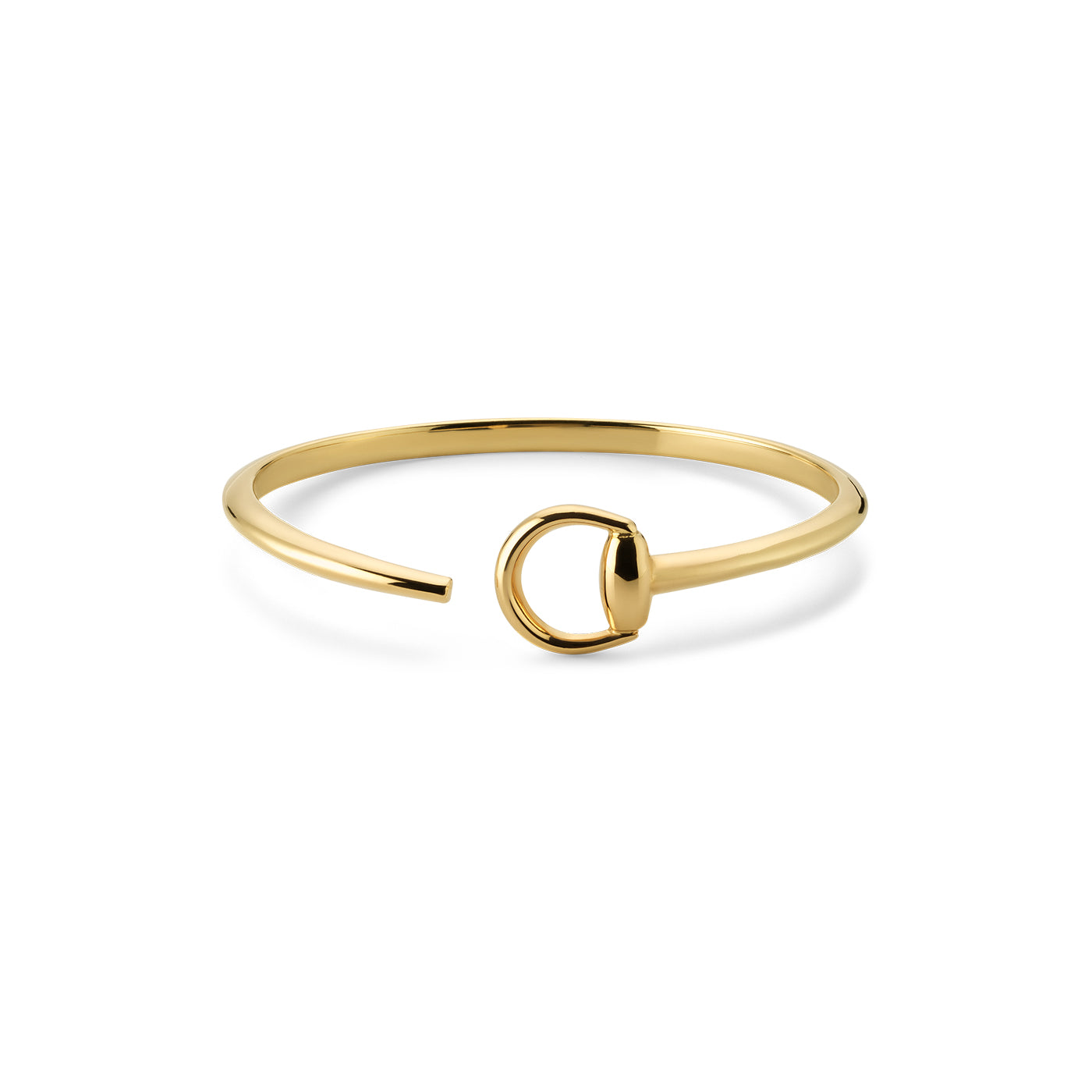 The Gucci Horsebit 18K Yellow Gold Cuff Bracelet by GUCCI Fine Jewellery features a minimalist design with a sleek gold finish and an 18k yellow gold horsebit detail at one end, beautifully set against a plain white background.