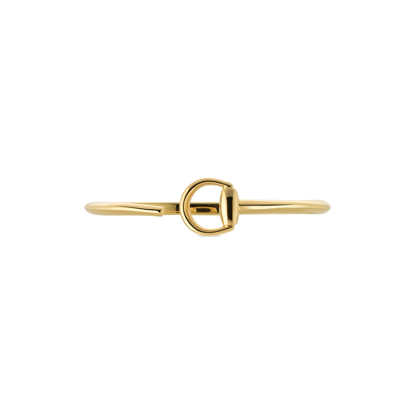 The Gucci Horsebit 18K Yellow Gold Cuff Bracelet from GUCCI Fine Jewellery is a sleek piece that showcases minimalist elegance with its circular clasp design, reminiscent of the brand's iconic horsebit jewelry style.