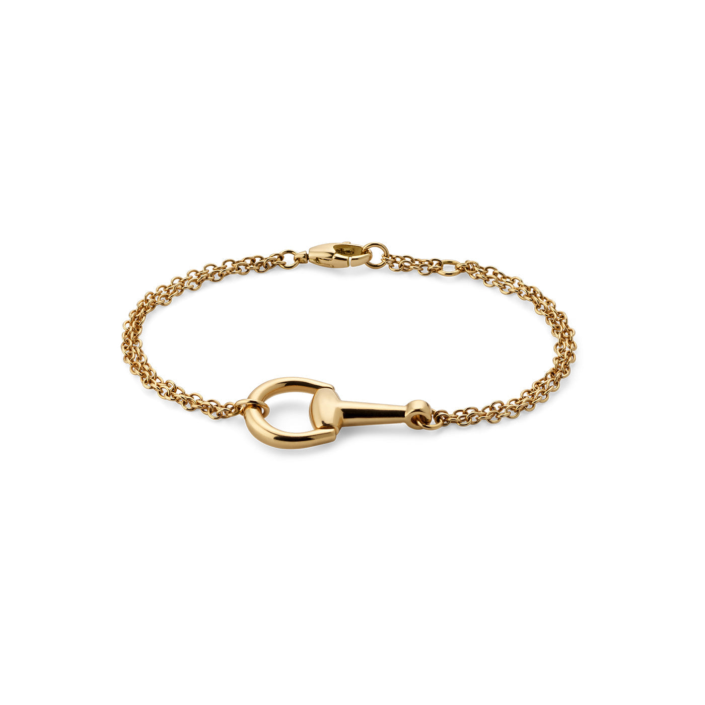 The Gucci Horsebit 18K Yellow Gold Chain Bracelet by GUCCI Fine Jewellery features a small equestrian-style clasp shaped like a horse bit, capturing the elegance of horsebit jewelry and displayed beautifully against a white background.