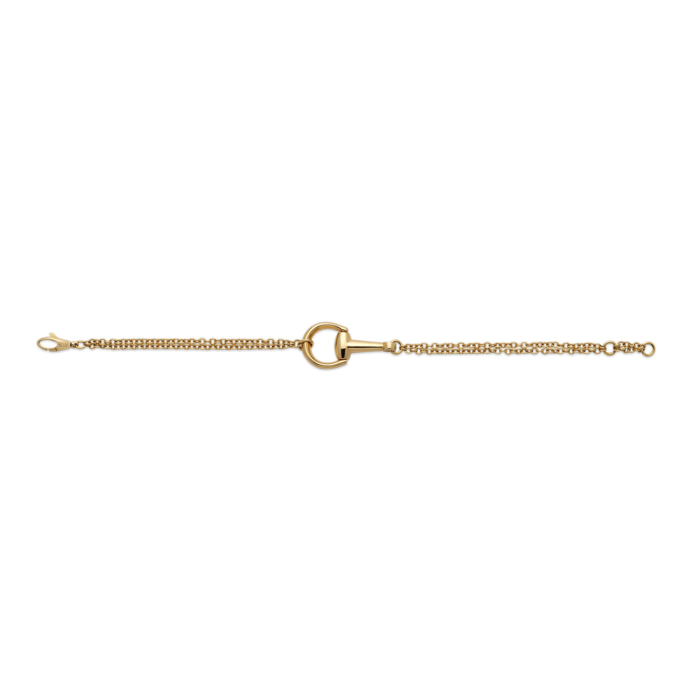 The Gucci Horsebit 18K Yellow Gold Chain Bracelet by GUCCI Fine Jewellery features a central circular clasp with intricate Horsebit jewelry detailing and linked chains on either side. Made from 18k yellow gold, it is elegantly secured with a lobster clasp closure, combining sophistication with timeless style.