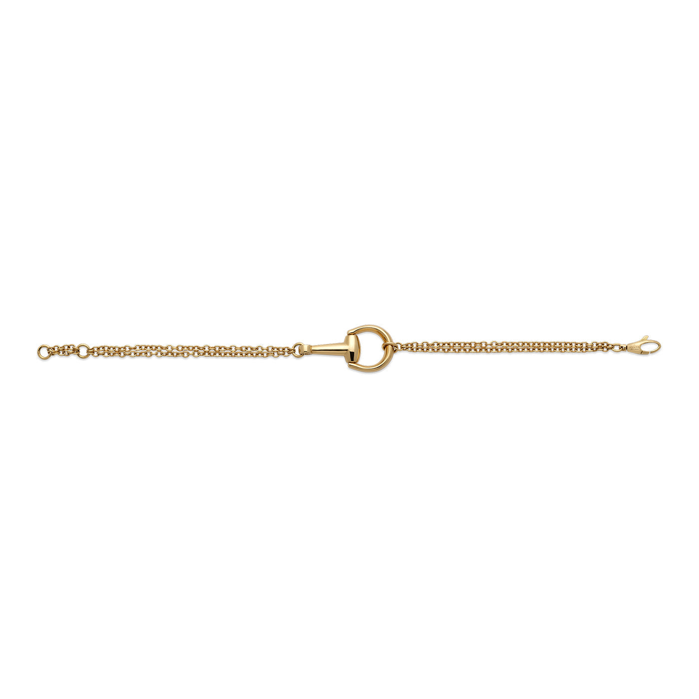 The Gucci Horsebit 18K Yellow Gold Chain Bracelet by GUCCI Fine Jewellery showcases a horseshoe-shaped clasp as its focal point, reminiscent of the iconic horsebit jewelry style. Crafted from 18k yellow gold, its fine chains gracefully frame the striking clasp, providing a distinct touch of luxury and exclusivity.