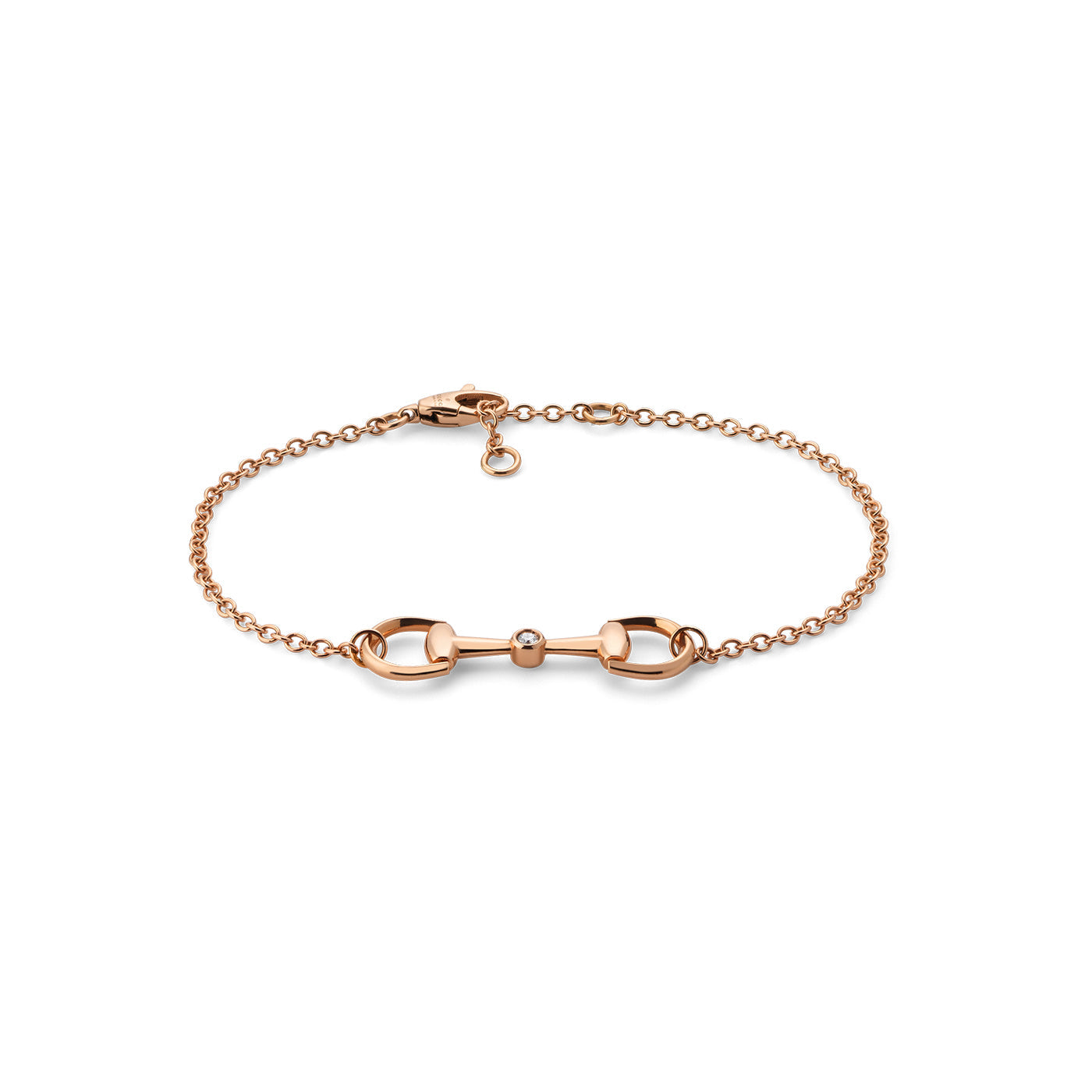 The Gucci Horsebit 18K Rose Gold Diamond Chain Bracelet by GUCCI Fine Jewellery showcases a delicate chain with a horse bit design and a lobster clasp closure.