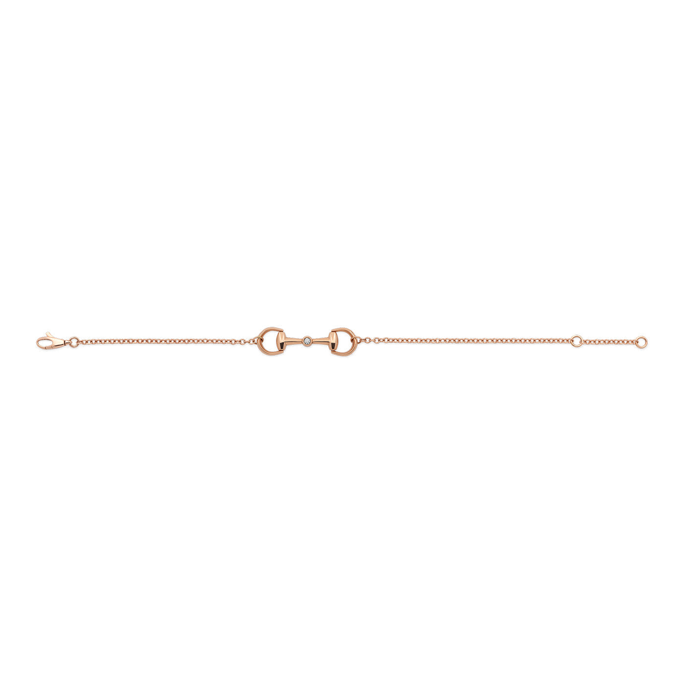 The Gucci Horsebit 18K Rose Gold Diamond Chain Bracelet by GUCCI Fine Jewellery showcases a refined design with a slender chain featuring a horsebit motif centerpiece, complete with circular and oval links, and secured by a clasp at one end.