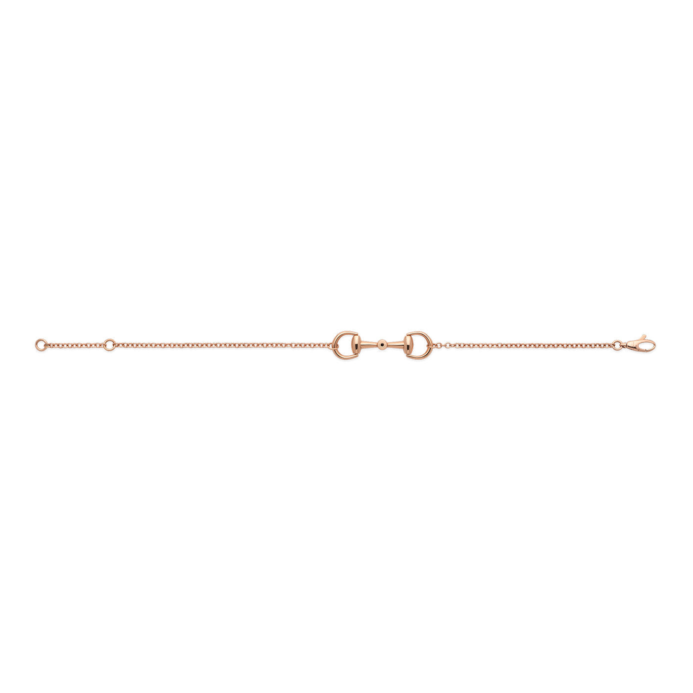 A refined bracelet from the Gucci Horsebit collection, crafted from 18k rose gold, features a delicate chain with a central motif resembling two interlocking rings. This piece, named the Gucci Horsebit 18K Rose Gold Diamond Chain Bracelet from GUCCI Fine Jewellery, includes a small clasp for easy fastening.