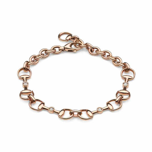 The Gucci Horsebit 18K Rose Gold Diamond Station Bracelet by GUCCI Fine Jewellery features circular and horsebit-shaped links, adorned with small gemstones and shimmering diamonds, complete with a secure lobster clasp.