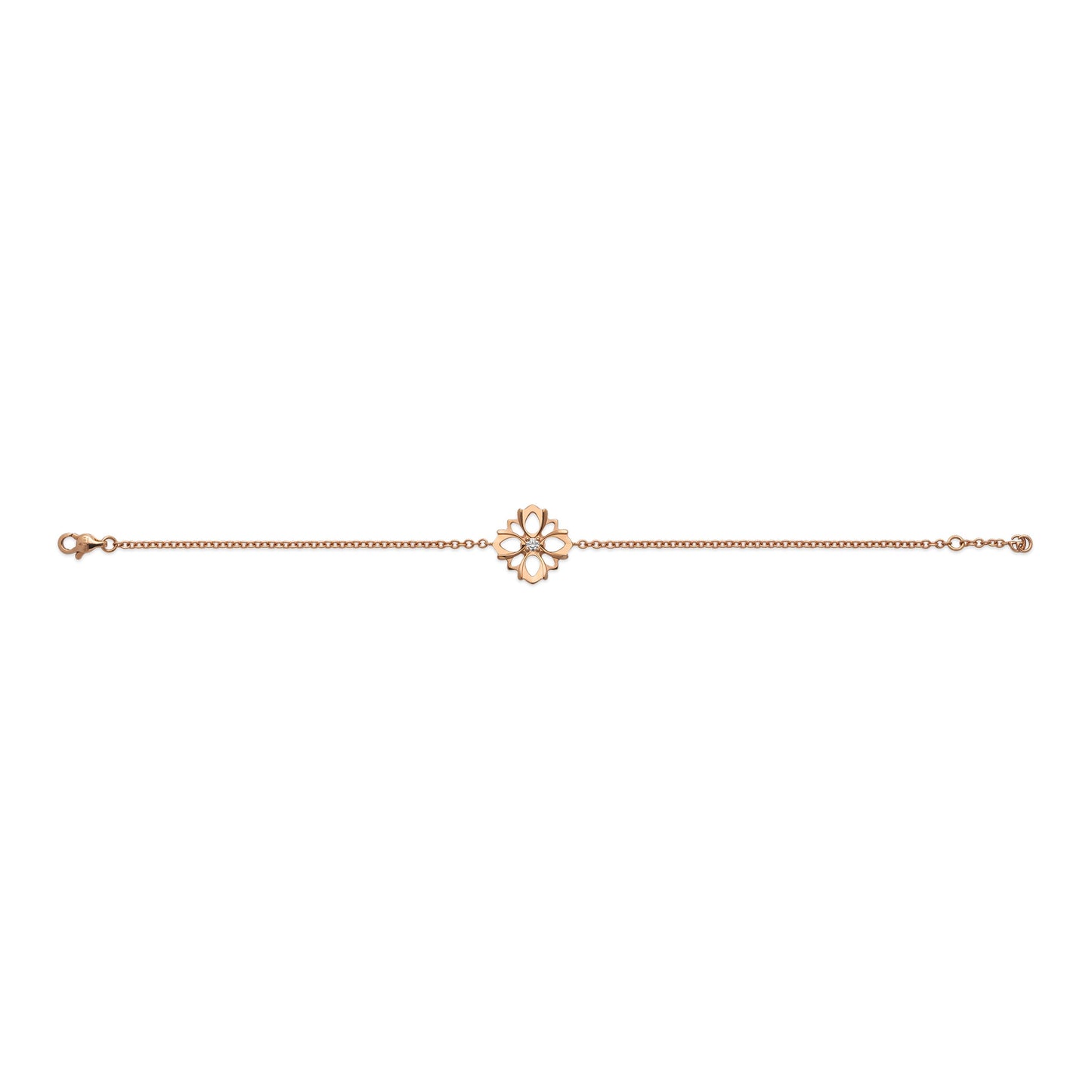 The Gucci Flora 18K Rose Gold Diamond Chain Bracelet by GUCCI Fine Jewellery showcases a dainty 18k rose gold chain adorned with a diamond flower charm reminiscent of the elegant Flora line. It is fastened securely with a lobster clasp closure.