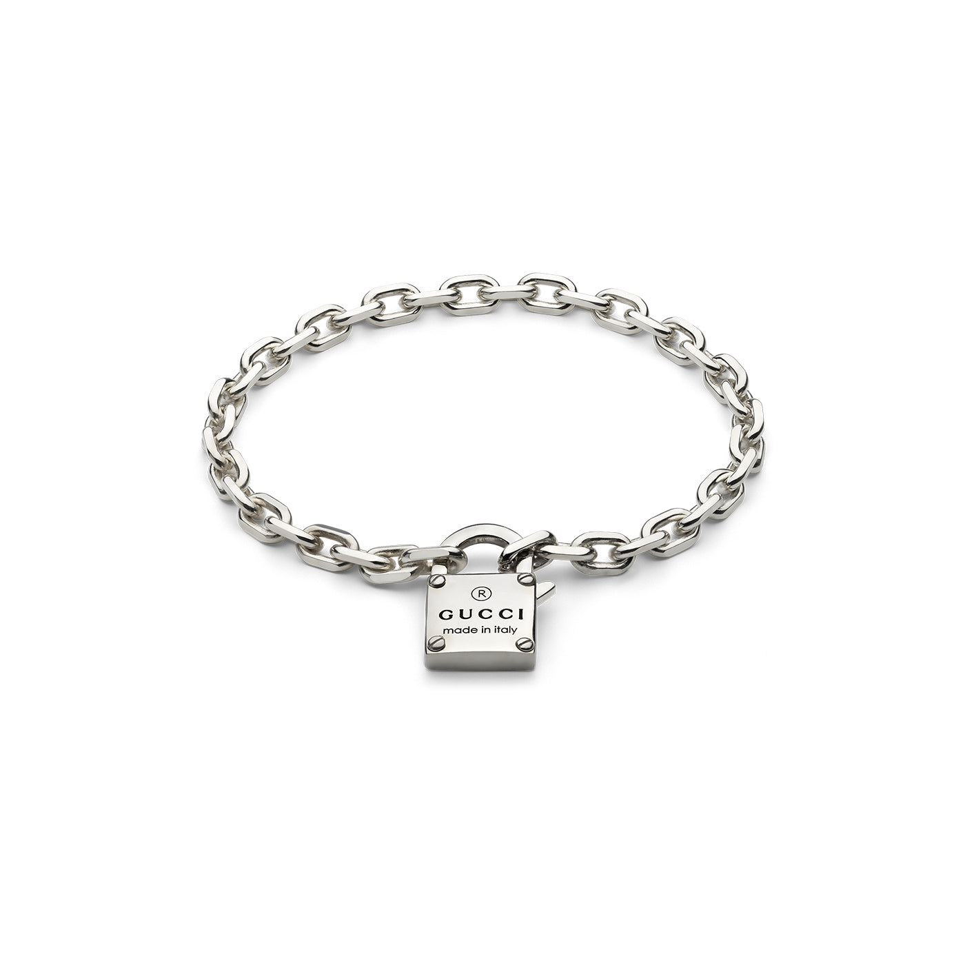 The Gucci Trademark Sterling Silver Chain Bracelet With Padlock from GUCCI Fine Jewellery features a small padlock engraved with "Gucci made in Italy," embodying the iconic Gucci trademark. The bracelet has a sleek and polished finish, making it the ideal elegant accessory.