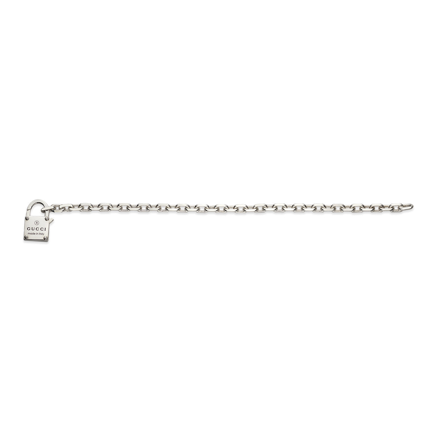 A Gucci Trademark Sterling Silver Chain Bracelet from GUCCI Fine Jewellery, adorned with a delicate padlock charm engraved with "Gucci" and "Made in Italy," exemplifies the iconic Gucci trademark.