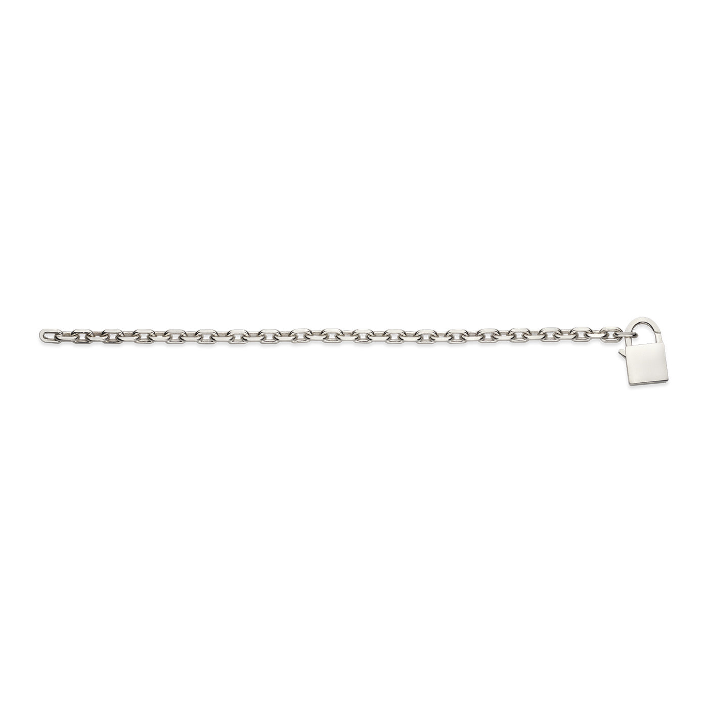 The GUCCI Fine Jewellery Trademark Sterling Silver Chain Bracelet with Padlock boasts a sophisticated and elongated design, beautifully highlighted against a simple white background.