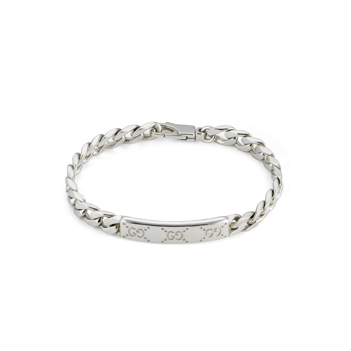 Introducing the Gucci Signature Sterling Silver Bracelet With GG Tag by GUCCI Fine Jewellery: a sterling silver chain bracelet featuring a rectangular plate adorned with engraved GG motif designs. This elegant piece comes with a clasp closure, embodying both sophistication and iconic style.