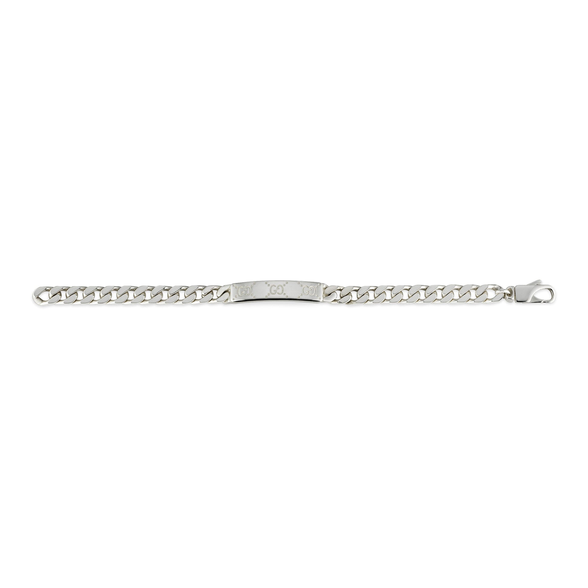 Introducing the Gucci Signature Sterling Silver Bracelet with GG Tag, a masterpiece from GUCCI Fine Jewellery. This exquisite bracelet features a flat ID plate at its center and is secured with a clasp on one end. Its Cuban link chain design embodies elegance and timeless style.