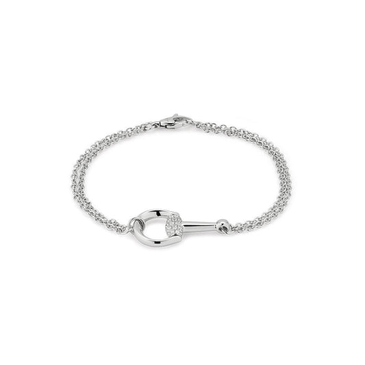 The Gucci Horsebit 18K White Gold Diamond Bracelet by GUCCI Fine Jewellery features a double chain and a key-shaped pavé diamond charm, beautifully displayed on a white background.
