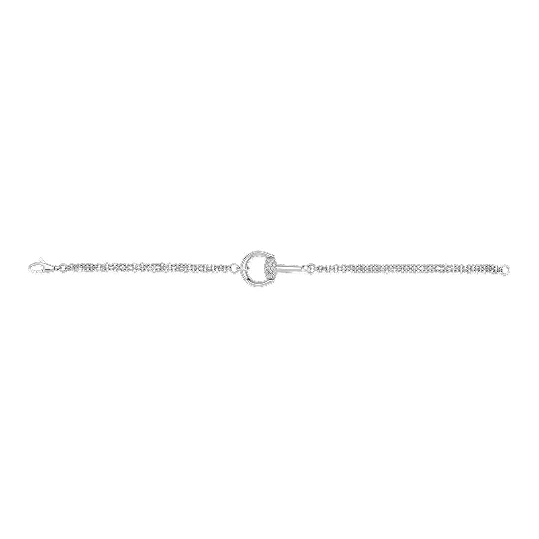 The Gucci Horsebit 18K White Gold Diamond Bracelet by GUCCI Fine Jewellery features a circular, pavé diamond centerpiece and a lobster clasp closure.