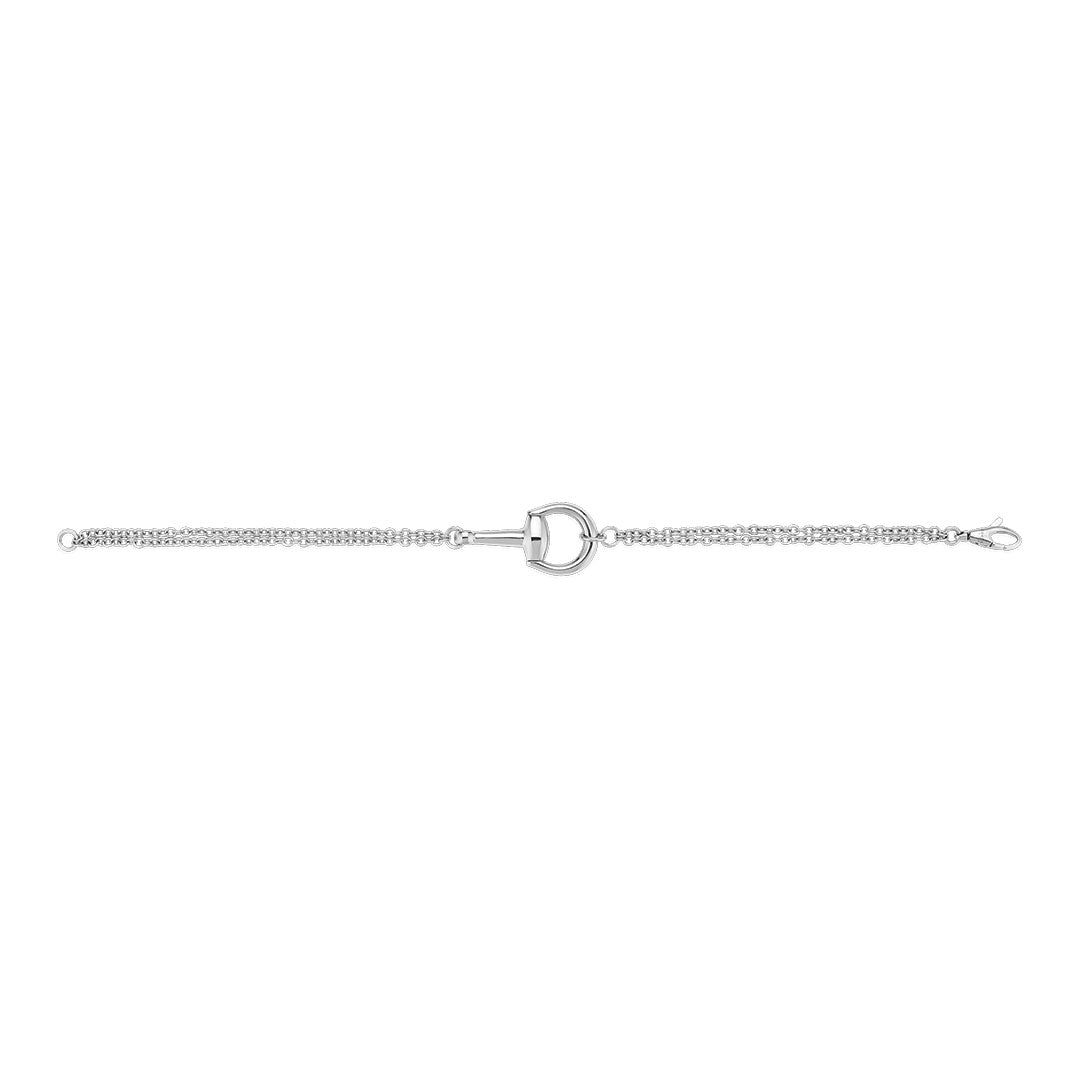 The Gucci Horsebit 18K White Gold Diamond Bracelet by GUCCI Fine Jewellery features a central circular loop, a clasp closure, and a thin double-row chain design.