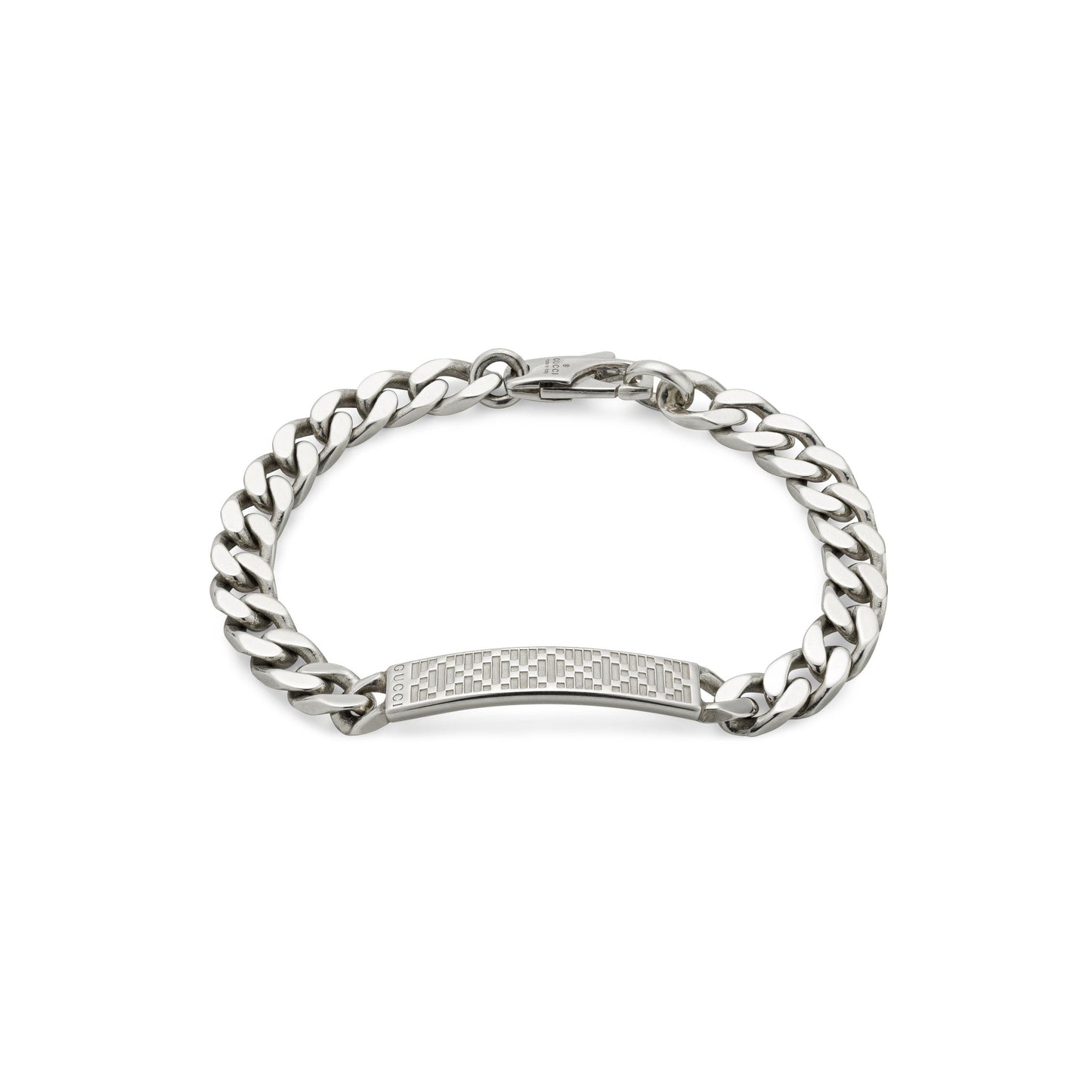 The Gucci Diamante Sterling Silver Chain Bracelet by GUCCI Fine Jewellery features a flat, engraved plate inspired by the Diamante pattern and a secure clasp, perfect for women’s jewelry collections.