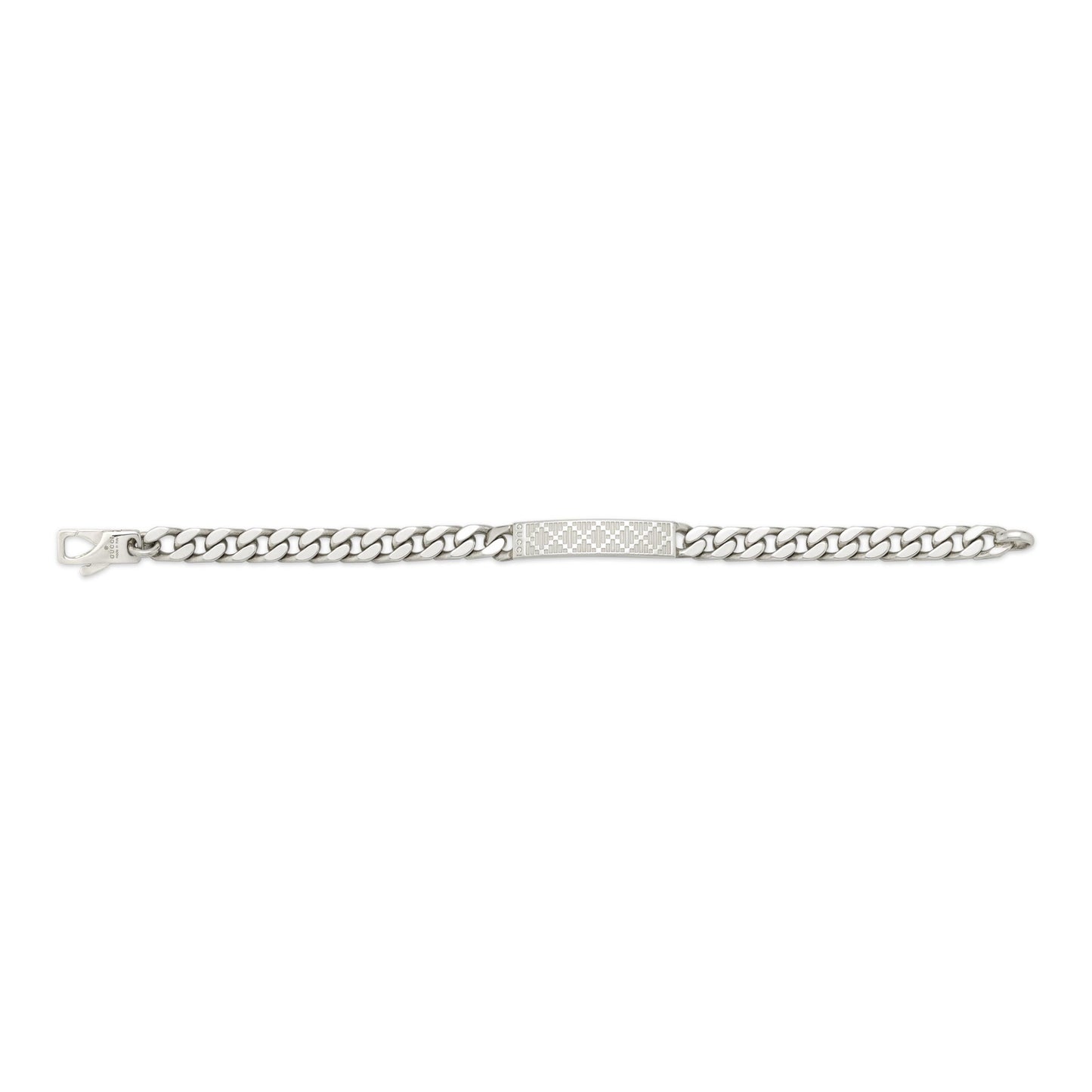 The Gucci Diamante Sterling Silver Chain Bracelet by GUCCI Fine Jewellery features a flat, engraved rectangular plate with the iconic geometric pattern and a lobster clasp—a sophisticated piece for women’s jewelry collections.