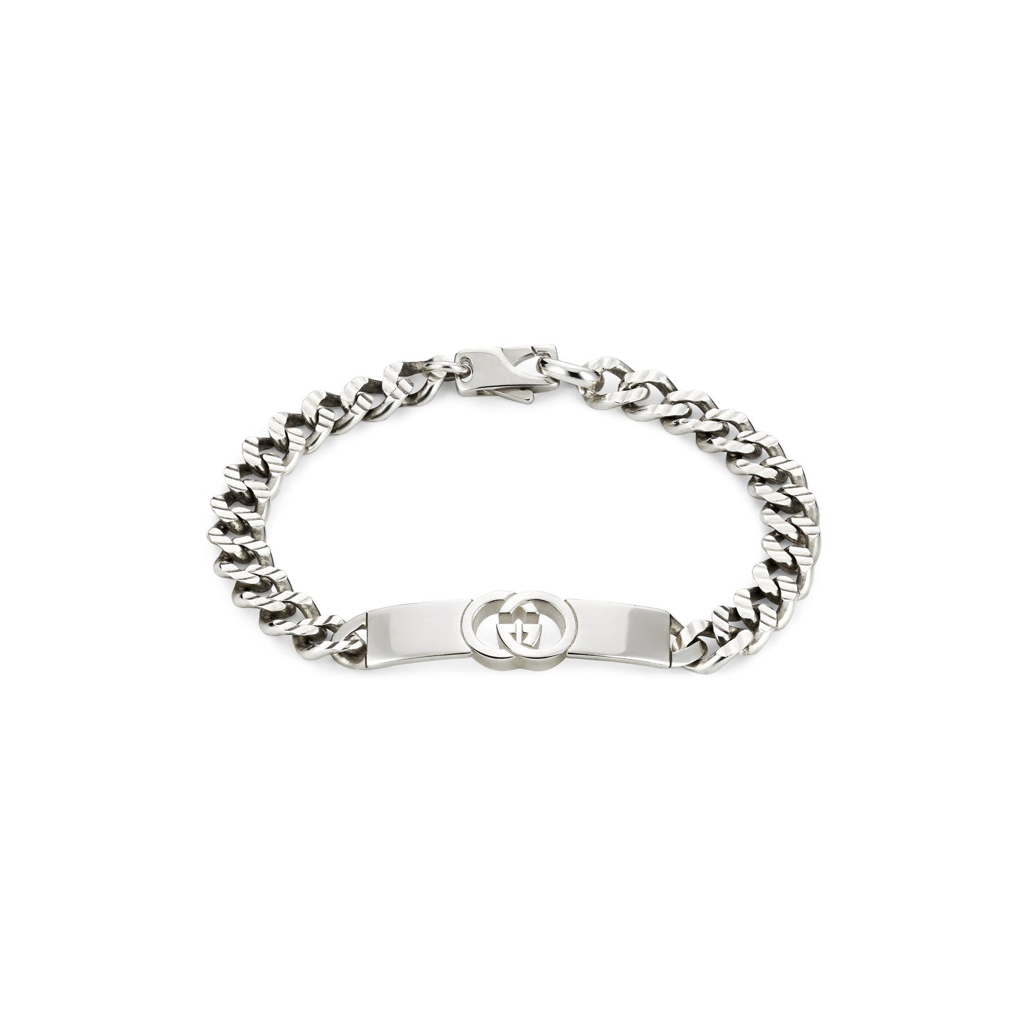 The GUCCI Fine Jewellery Interlocking Sterling Silver Chain Bracelet features a flat engraved plate with the iconic Interlocking G logo, set on a chunky 925 sterling silver curb-link chain for a bold, stylish statement.