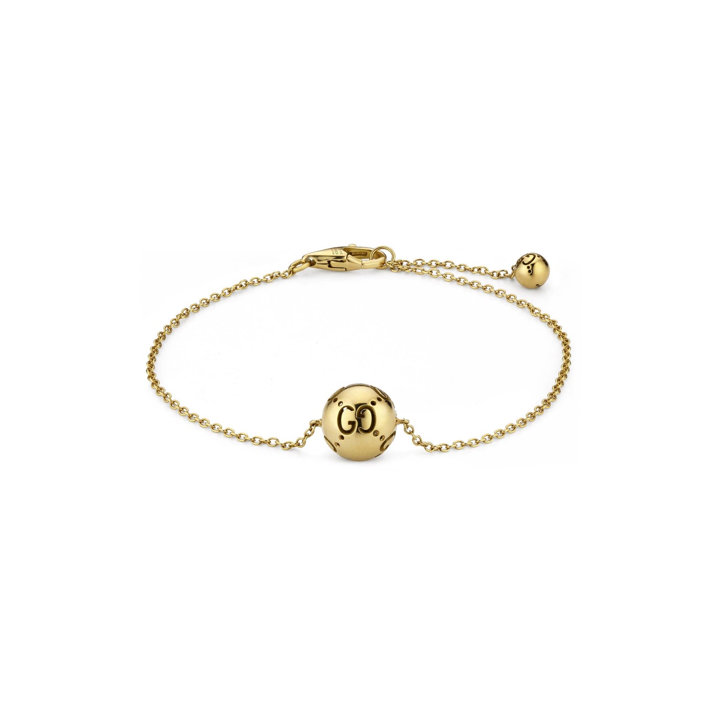 The Gucci Icon Boule 18K Yellow Gold Chain Bracelet by GUCCI Fine Jewellery features a round polished gold bead engraved with "GD," a smaller bead near the clasp, and adjustable sizing for a perfect fit.