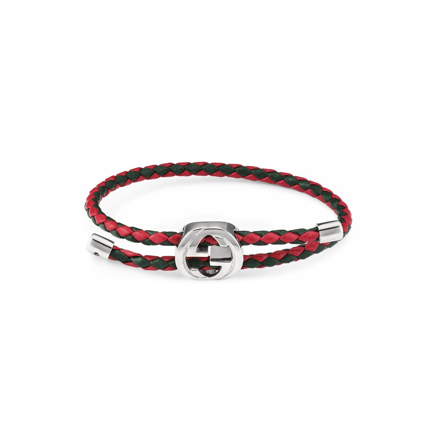 The Gucci Web Braided Leather and Sterling Silver Bracelet by GUCCI Fine Jewellery features red and green braided leather, a silver clasp, and a signature interlocking G logo for a bold statement.
