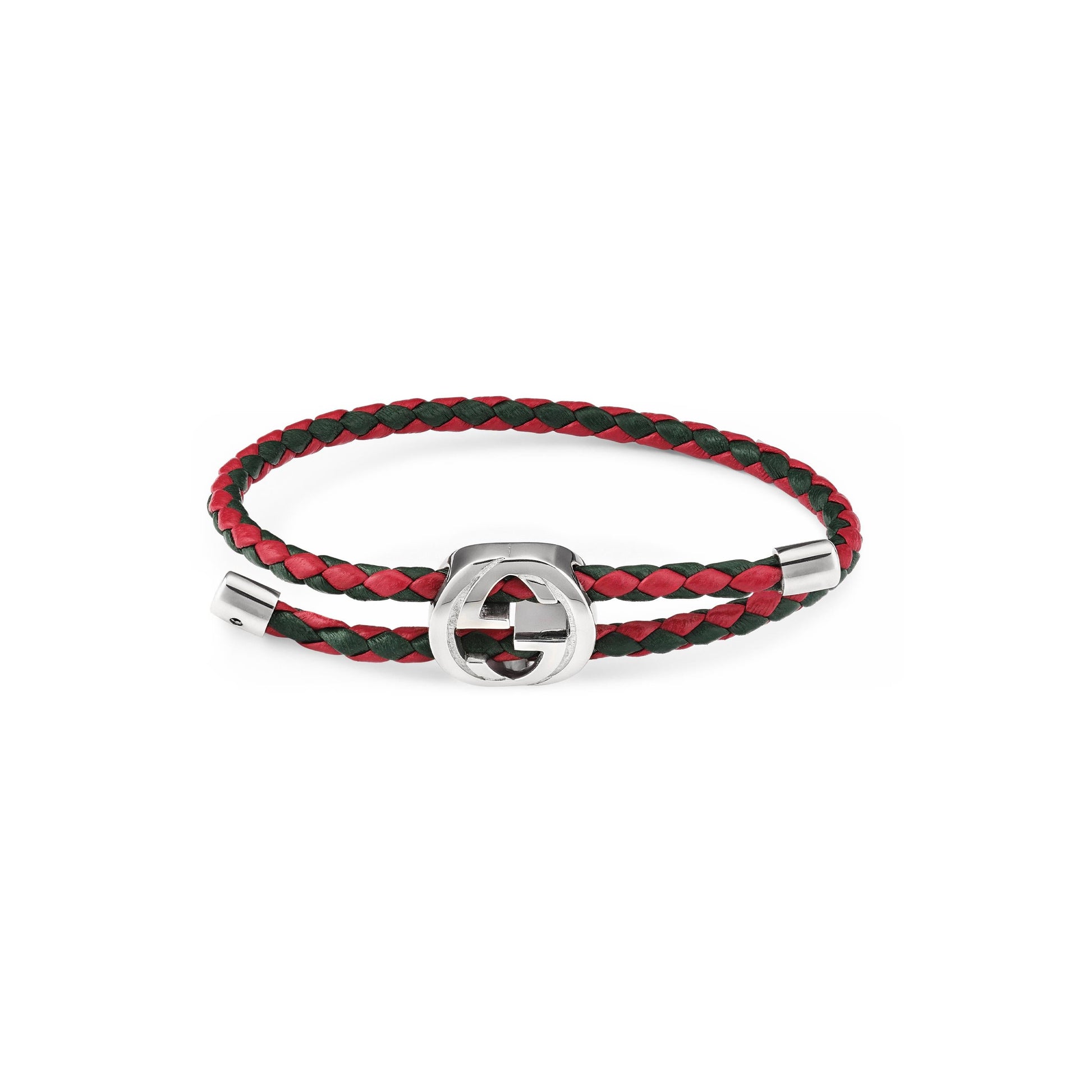 The Gucci Web Braided Leather and Sterling Silver Bracelet by GUCCI Fine Jewellery features red and green braided leather, a silver clasp, and a signature interlocking G logo for a bold statement.