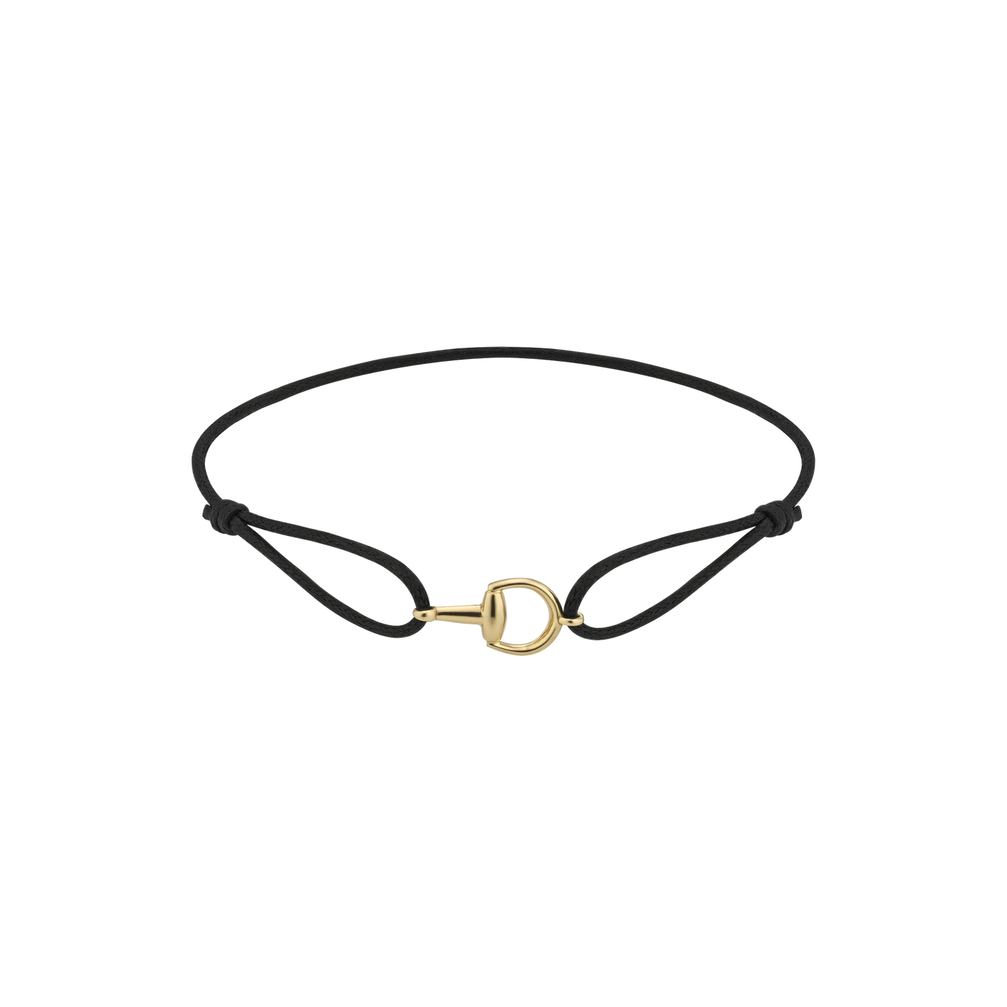 The Gucci Horsebit Cotton Cord with 18K Yellow Gold Bracelet by GUCCI Fine Jewellery features a minimalist black cord with adjustable knots and a small 18k yellow gold D-shaped clasp, shown on a plain white background.