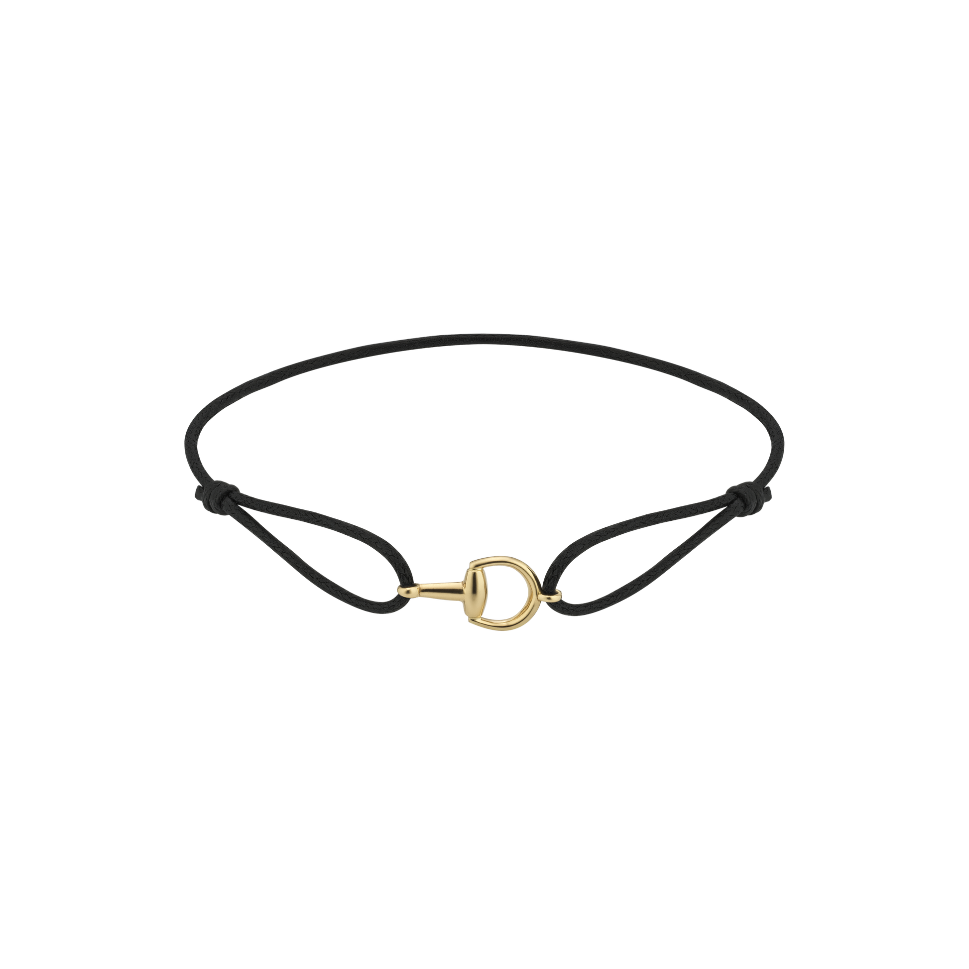 The Gucci Horsebit Cotton Cord with 18K Yellow Gold Bracelet by GUCCI Fine Jewellery features a minimalist black cord with adjustable knots and a small 18k yellow gold D-shaped clasp, shown on a plain white background.