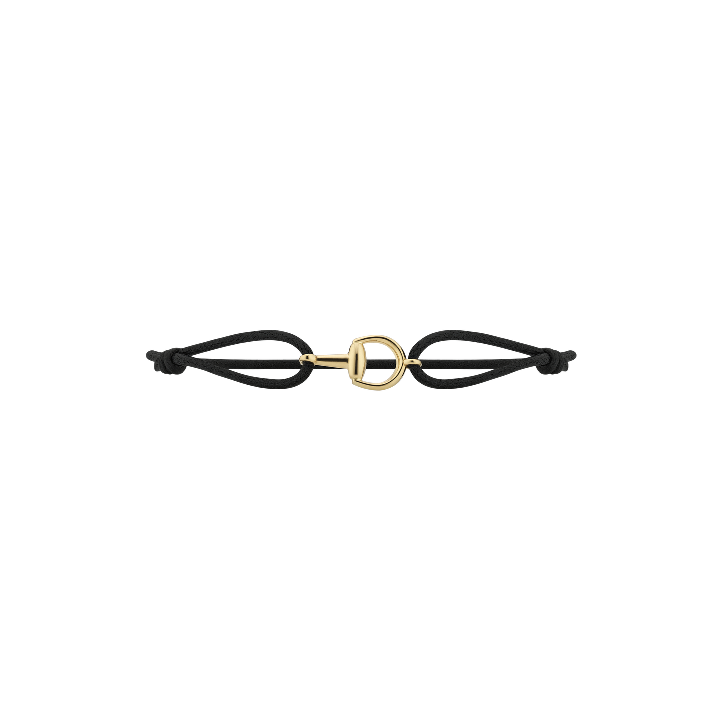 The Gucci Horsebit Cotton Cord with 18K Yellow Gold Bracelet by GUCCI Fine Jewellery features a minimalist black cotton cord and an 18k yellow gold horsebit clasp, shown against a plain white background.