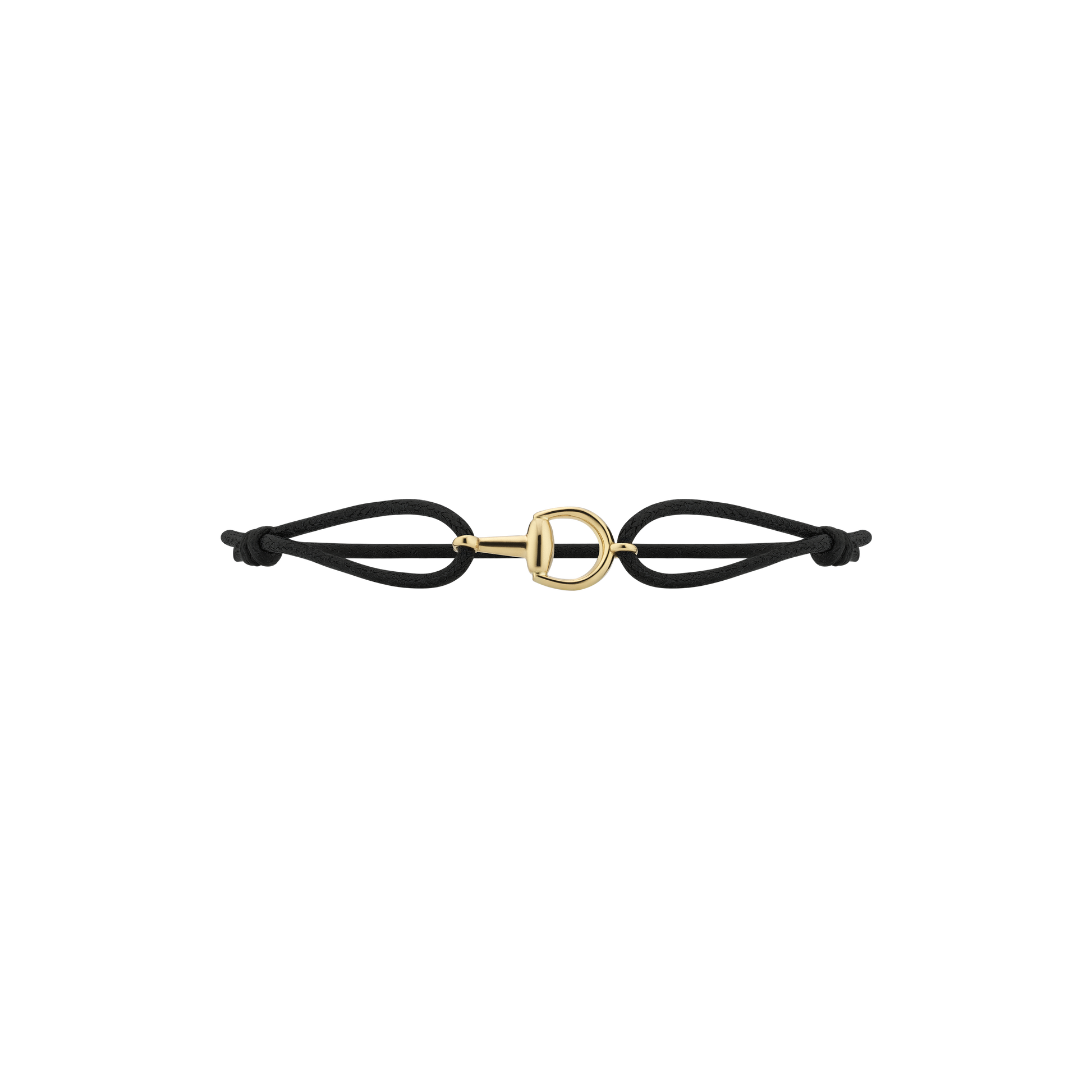 The Gucci Horsebit Cotton Cord with 18K Yellow Gold Bracelet by GUCCI Fine Jewellery features a minimalist black cotton cord and an 18k yellow gold horsebit clasp, shown against a plain white background.