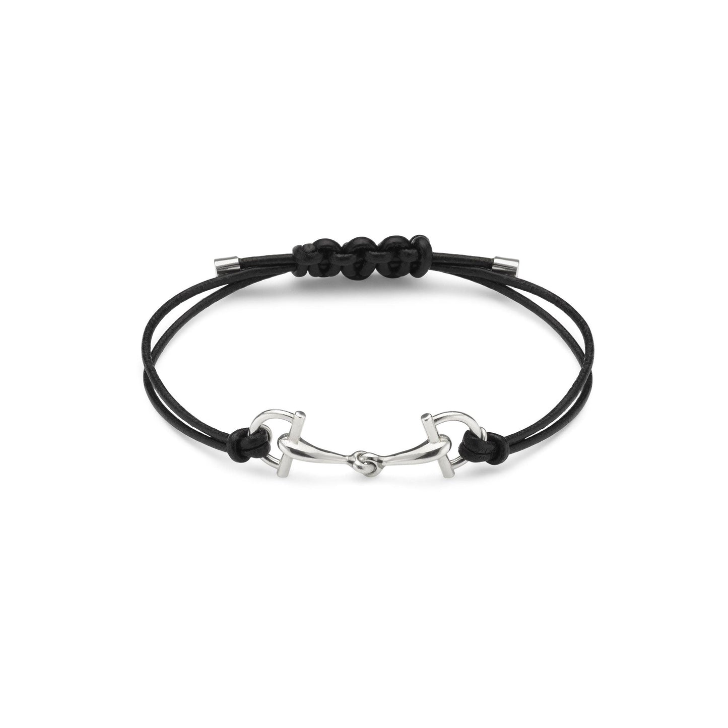 The Gucci Staffa Leather and Sterling Silver Bracelet by GUCCI Fine Jewellery features a minimalist black adjustable cord with a sterling silver horse bit-shaped centerpiece and metal end caps, inspired by classic stirrup motifs.