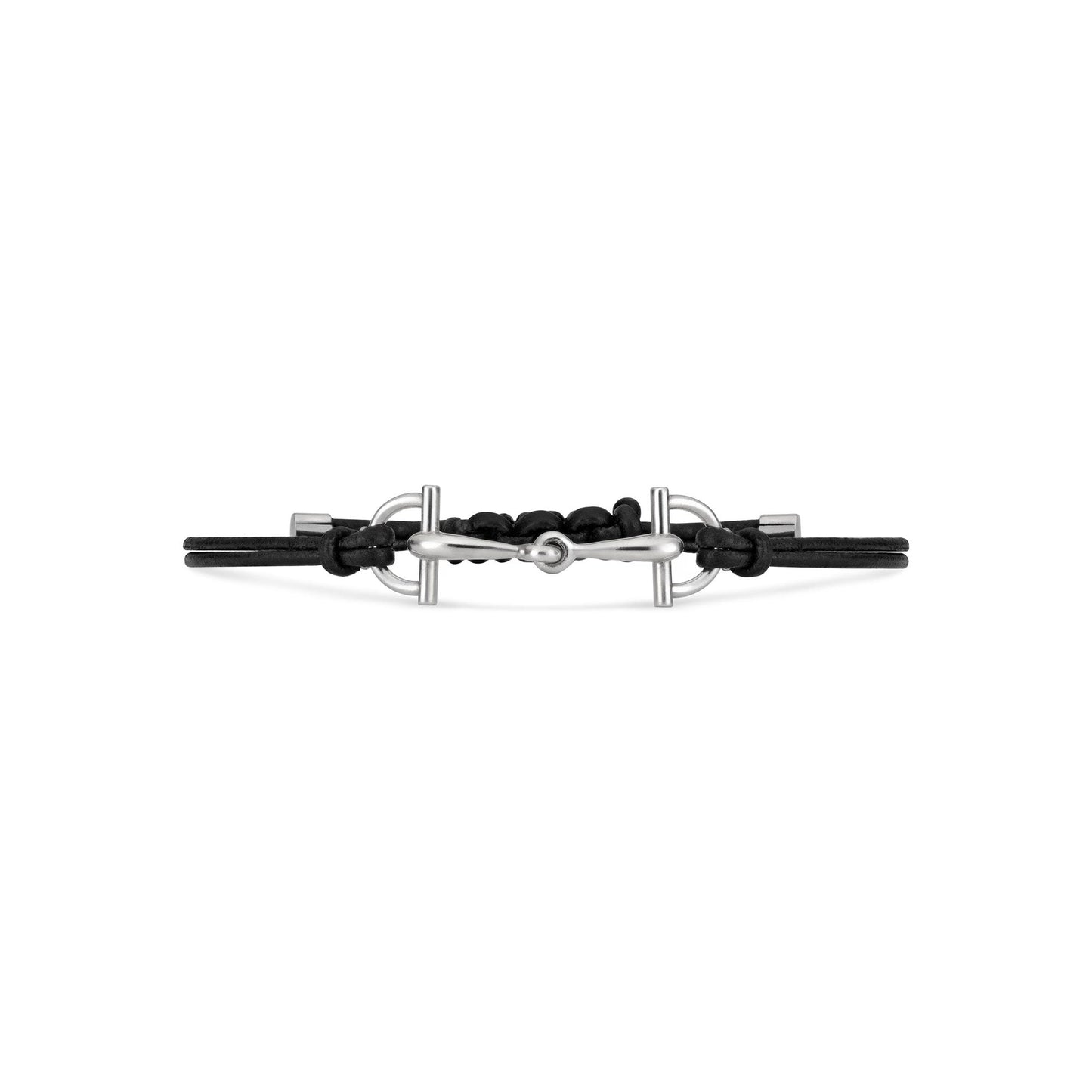 The Gucci Staffa Leather and Sterling Silver Bracelet by GUCCI Fine Jewellery features a central silver bar, knot accents, black leather cords, and metal hardware—ideal for those who appreciate luxurious leather jewelry.