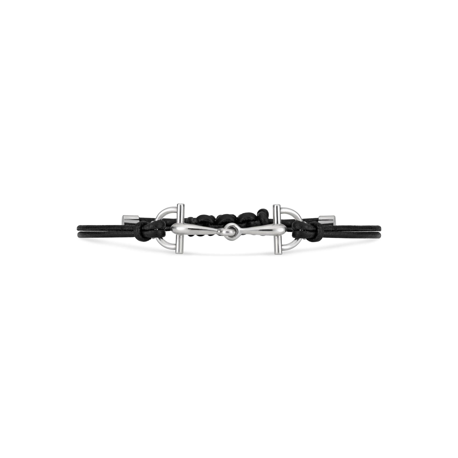 The Gucci Staffa Leather and Sterling Silver Bracelet by GUCCI Fine Jewellery features a central silver bar, knot accents, black leather cords, and metal hardware—ideal for those who appreciate luxurious leather jewelry.