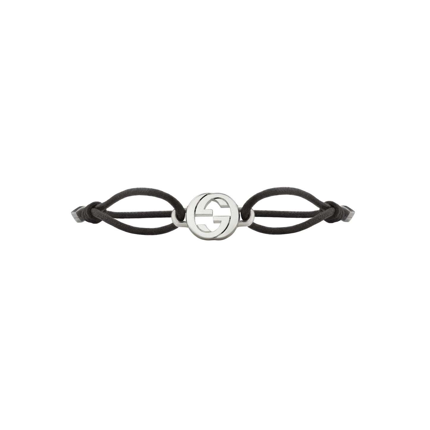 The Gucci Interlocking Cotton Cord with Sterling Silver Bracelet by GUCCI Fine Jewellery features a black cord, central sterling silver Interlocking G emblem, and adjustable knots for sizing.