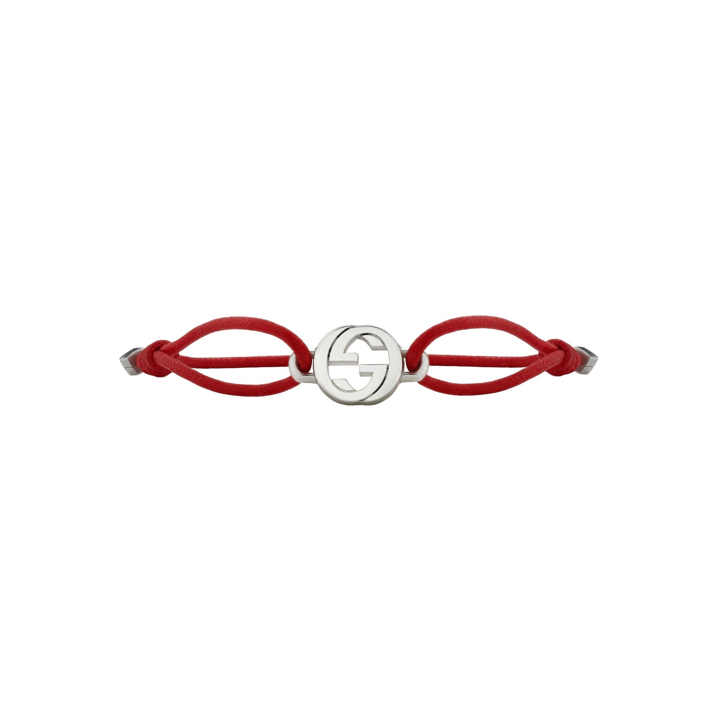 The GUCCI Fine Jewellery Interlocking Cotton Cord with Sterling Silver Bracelet features a minimalist silver Gucci logo charm centered on a red cotton cord with adjustable knots for an elegant touch.