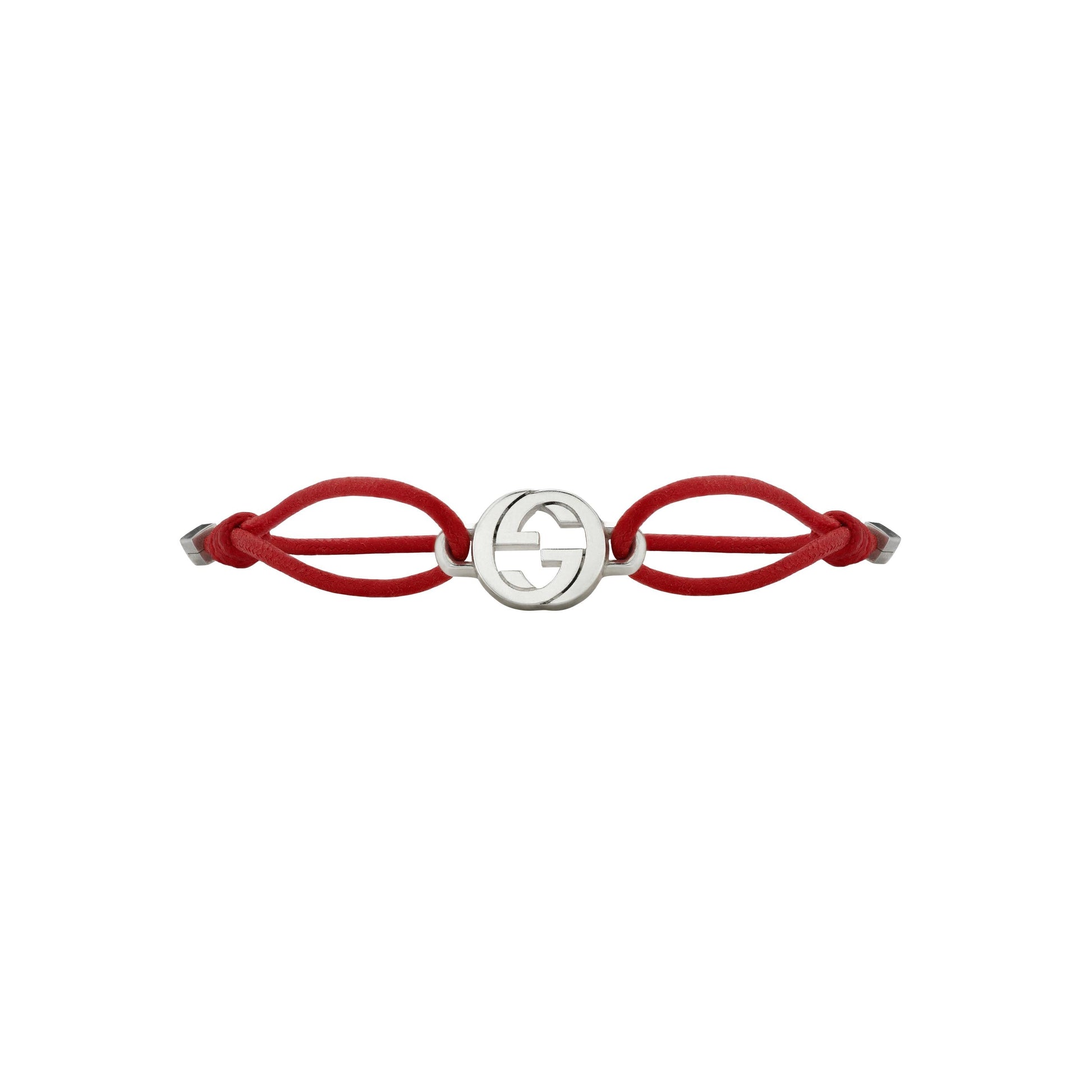 The GUCCI Fine Jewellery Interlocking Cotton Cord with Sterling Silver Bracelet features a minimalist silver Gucci logo charm centered on a red cotton cord with adjustable knots for an elegant touch.