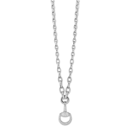 Introducing the Gucci Horsebit 18K White Gold Diamond Necklace Pendant by GUCCI Fine Jewellery, a breathtaking piece featuring interlocking links and a decorative horseshoe pendant embellished with small sparkling diamonds, reminiscent of the iconic Gucci Horsebit design.