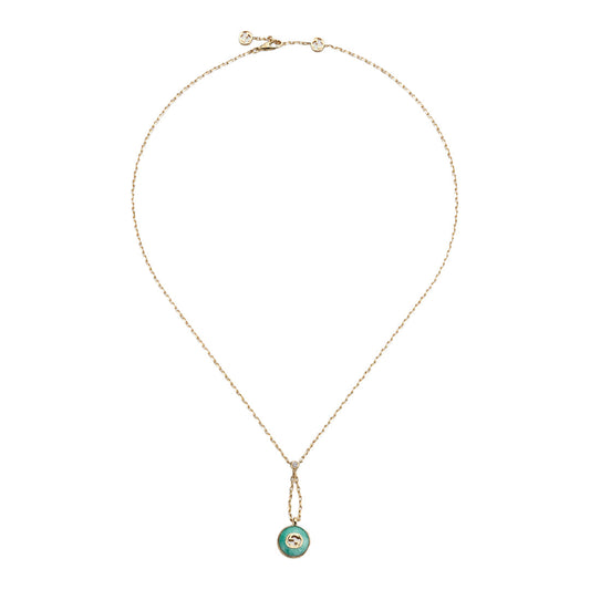 The GUCCI Fine Jewellery Interlocking 18K Yellow Gold Diamond Necklace features an amazonite stone pendant with a small central design, displayed in a circular shape on a white background.
