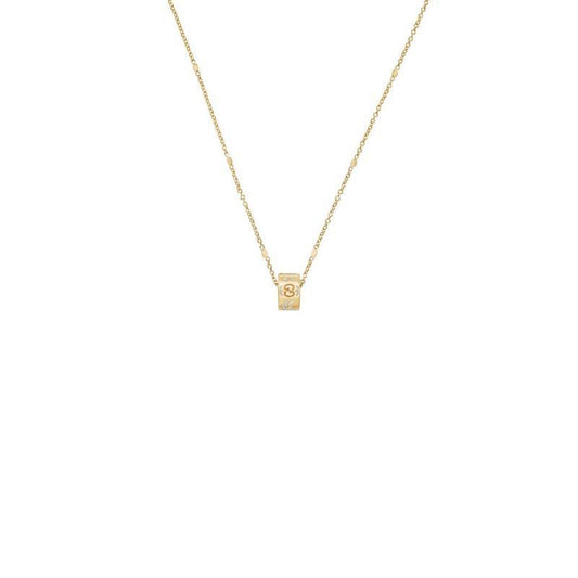 The Gucci Icon Blooms 18K Yellow Gold Necklace by GUCCI Fine Jewellery features an elegant slim, rectangular pendant adorned with white engraved enamel. The pendant is suspended gracefully from a fine chain, set against a plain white background.