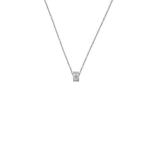 A delicate Gucci Icon Blooms necklace made of 18K white gold, featuring a thin chain and a rectangular pendant inscribed with the number "8" on white engraved enamel, set against a plain white background, crafted by GUCCI Fine Jewellery.