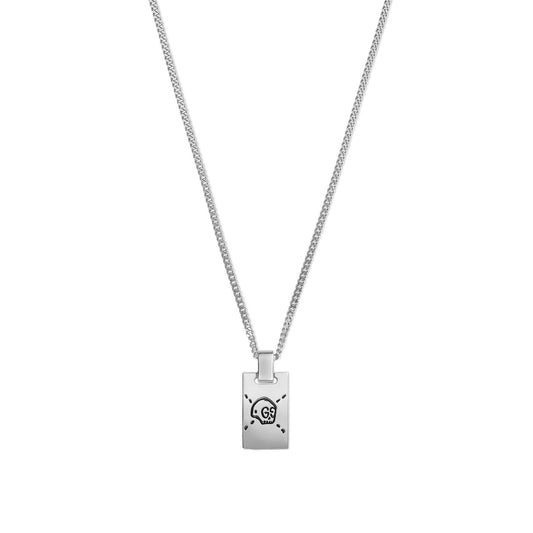 The Gucci Ghost Sterling Silver Necklace Pendant by GUCCI Fine Jewellery features a rectangular pendant with a stylized constellation design and an engraved star pattern. The delicate, thin chain enhances the minimalist aesthetic of the pendant.