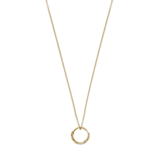 The Gucci Snake Ring 18K Yellow Gold Necklace Pendant by GUCCI Fine Jewellery features a delicate chain and a circular piece. The pendant showcases a textured, intertwined design that adds elegance to its minimalist style, exquisitely presented against a plain, white background.