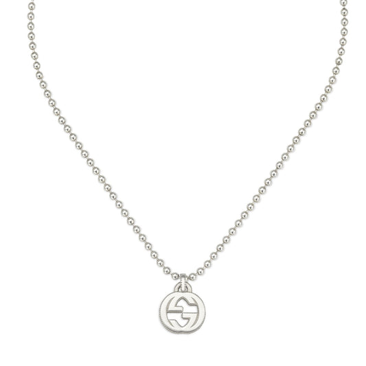 A GUCCI Fine Jewellery necklace featuring a sterling silver beaded chain with an exquisite interlocking G pendant design.