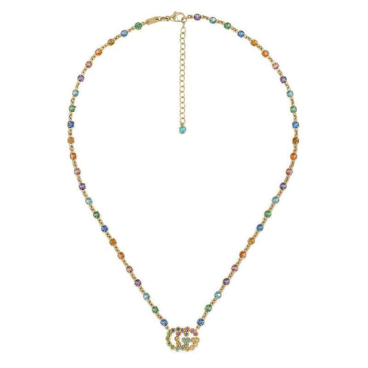 A luxurious necklace from GUCCI Fine Jewellery, the Gucci GG Running 18K white gold piece showcases vibrant multicolor gemstones set in a double-circle pendant, evoking a sophisticated design with multicolored beads.